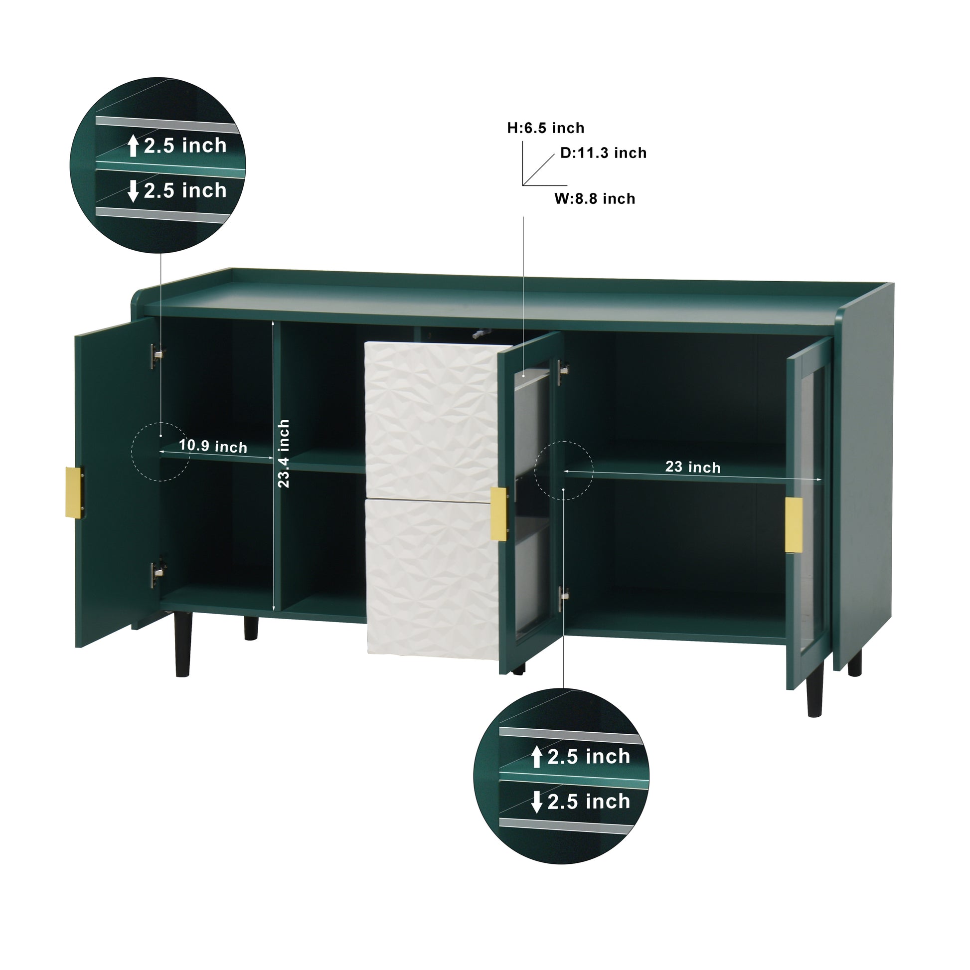 Modern Kitchen Pantry Storage Cabinet , 55" Coffee Bar Storage Cabinet with 2 Drawers, 2 Open Storage Compartment & 2 Glass Doors, Wood Buffet Table for Kitchen, Living Room, Green