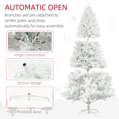 HOMCOM 7.5ft Tall Artificial Christmas Tree, Unlit Xmas Tree with 1346 Branch Tips, Auto Open, Steel Base, Holiday Décor for Home Office, White