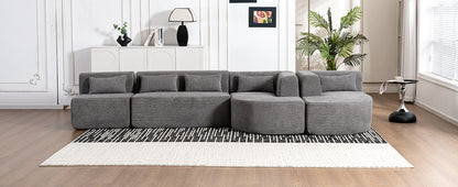 143.7" Upholstered Sofa Free-combined Sofa Couch with Two Chaise Lounge and Five Back Pillows for Living Room, Light Gray