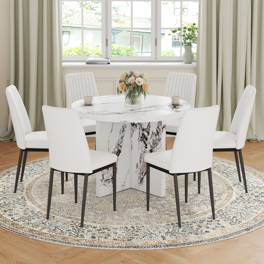 7 Piece Round Dining Table Set, 42 Inch Modern Round Table and 6 Upholstered Chairs for Dining Room, Kitchen Room, Living Room, Easy Assembly