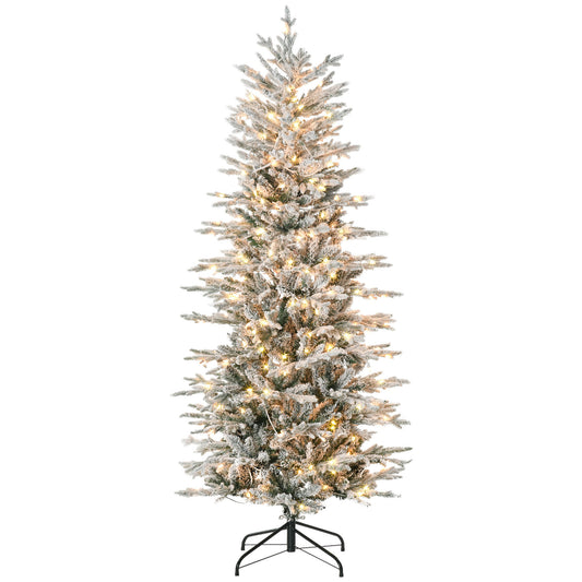 HOMCOM 6ft Tall Prelit Artificial Christmas Tree Holiday Décor with 636 Snow Flocked Branches, 250 Warm Yellow Clear Lights, Auto Open, Extra Bulb