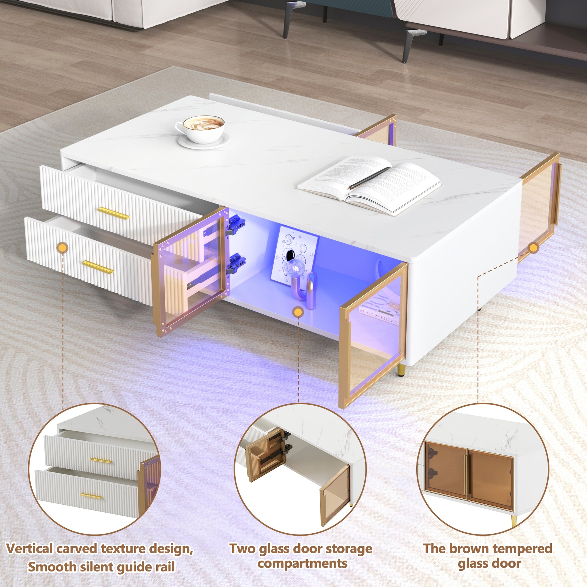 Modern White Coffee Table with 2 Glass Door Storage, 4 Drawers, Gold Metal Legs, and Multi-Color Lighting in 47.2''