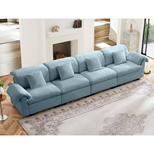 Extra Large and Long 4 Seater Modern Velvet Sofa, Oversize Sofa, Cloud Like Comfortable Couch with Comfy Seat and Back Support,4-Seat Couch Storage Function Under Each Seat and Storage ,Blue