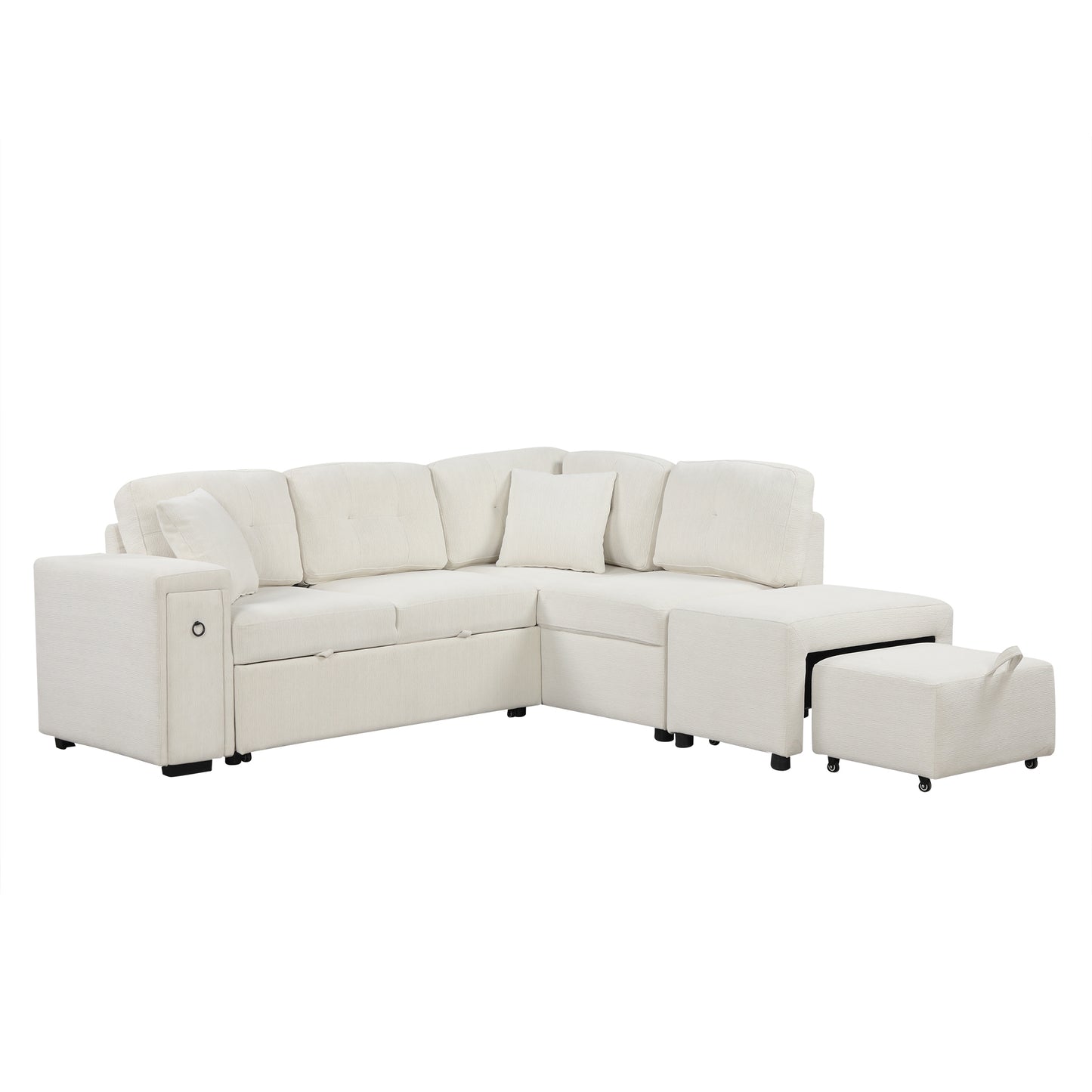 86.6" Sectional Sofa L-shaped Sofa Couch Pull-out Sofa Bed with a Movable Ottoman, Two USB Ports  and Two Cup Holders for Living Room, Beige