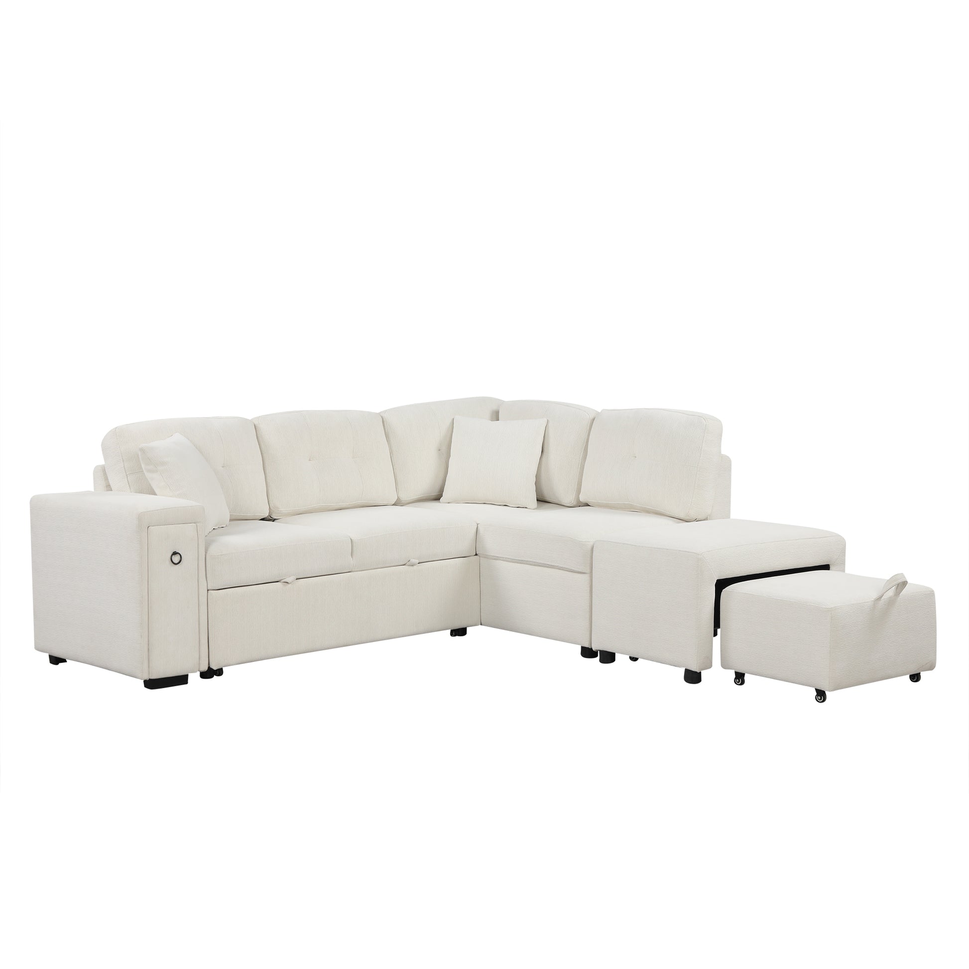 86.6" Sectional Sofa L-shaped Sofa Couch Pull-out Sofa Bed with a Movable Ottoman, Two USB Ports  and Two Cup Holders for Living Room, Beige