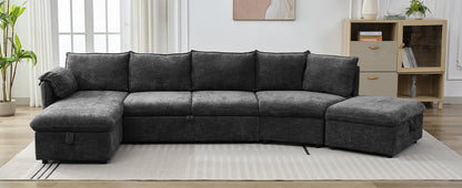 146.9" L-shaped Sofa Sectional Sofa Couch Pull-out Sofa Bed with a Movable Storage Ottoman, a Storage Chaise Lounge and Two USB Ports for Living Room, Grey