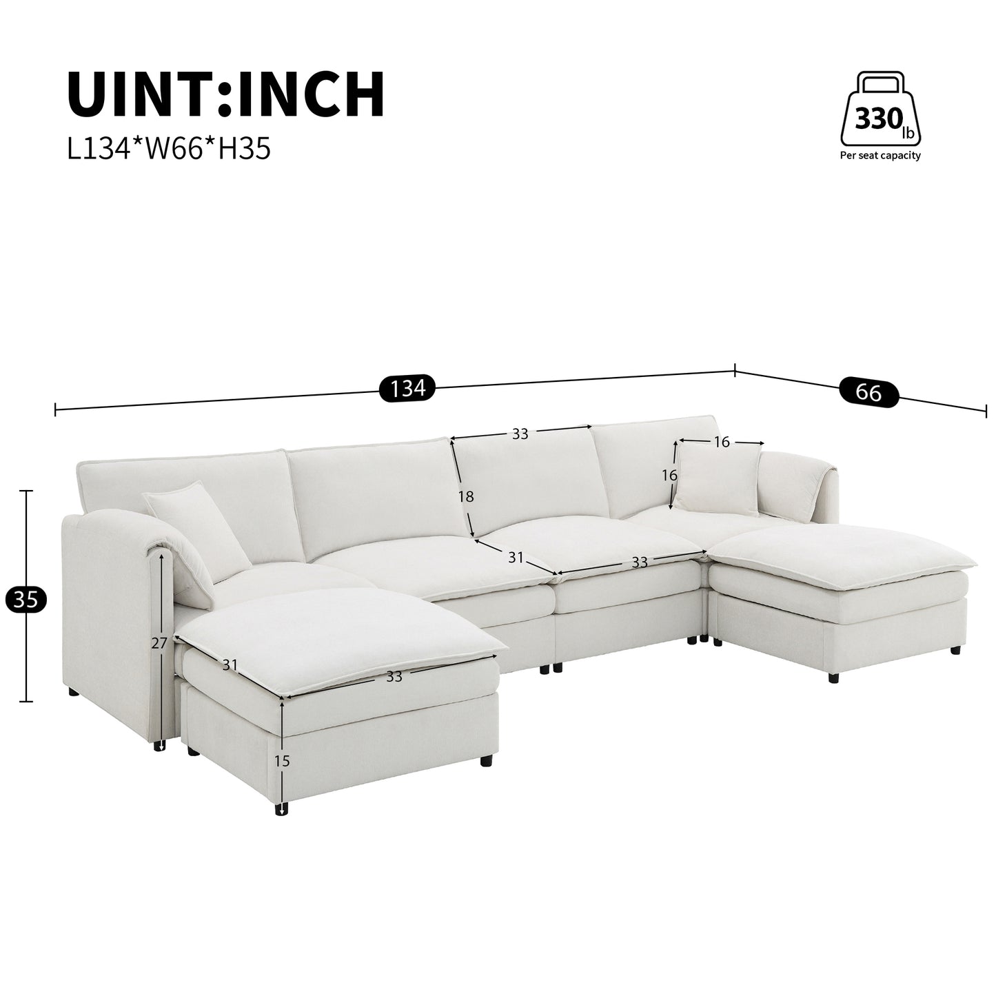 [VIDEO provided] [New] 134*66" Chenille Modular Sectional Sofa,U Shaped Cloud Couch Set with Double Cushions ,6 Seat Sleeper Sofa Bed with Ottomans,Oversized Indoor Furniture for Living Room, 3 Colors