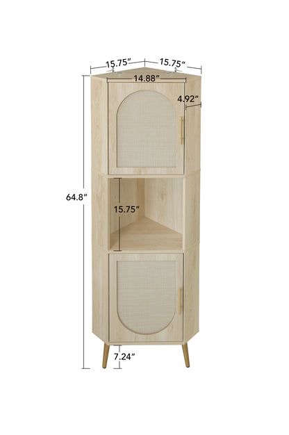 Corner cabinet ,Rattan door,Freestanding Corner Tables For Small Spaces, Corner Shelf Stand For Living Room, Kitchen, Bathroom, Bedroom