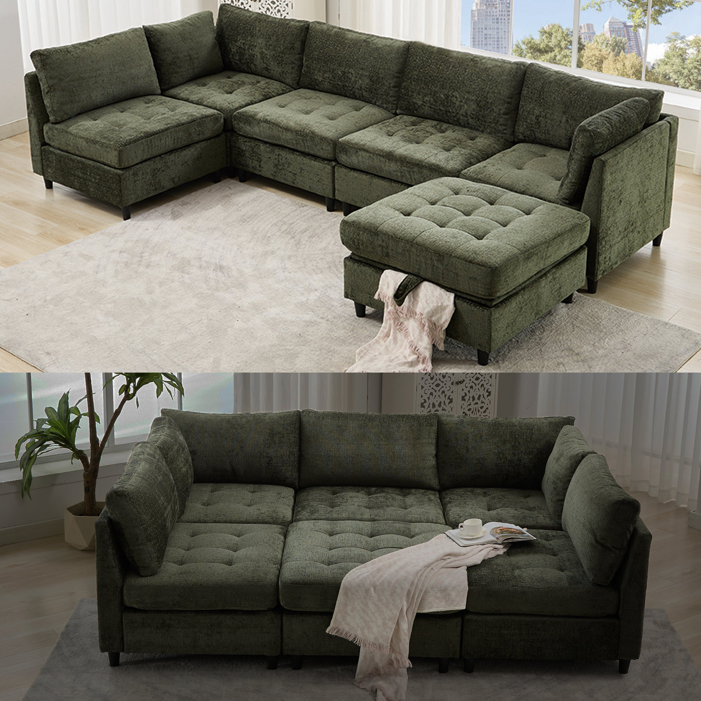 [NEW ARRIVED] [VIDEO PROVIDED]   Modular Sectional Couch with Storage Ottoman, U Shaped Sofa, Storage Ottoman,Minimalist ,Convertible Modular Sofa,Chenille ,Upholstered,6 Seat,Living Room,   Green