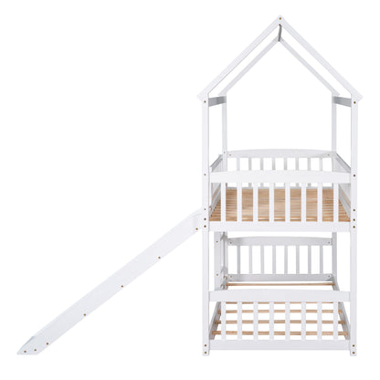 Twin Over Twin Bunk Bed with Slide, House Bed with Slide, White(OLD SKU: LT000213AAK)