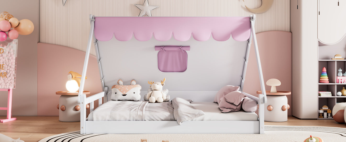 Wooden Full Size Tent Bed with Fabric for Kids,Platform Bed with Fence and Roof, White+Pink