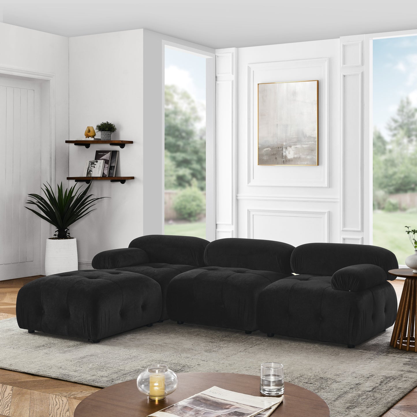 Modular Sectional Sofa, Button Tufted Designed and DIY Combination,L Shaped Couch with Reversible Ottoman, Black Velvet