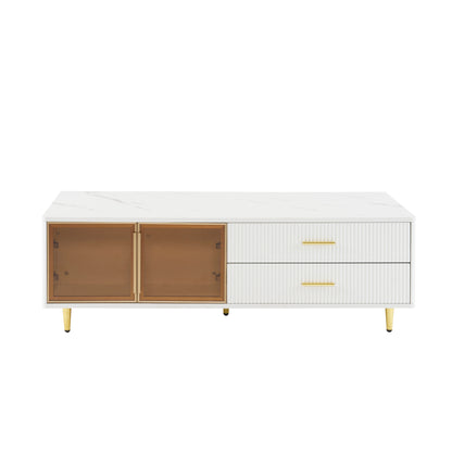 Modern White Coffee Table with 2 Glass Door Storage, 4 Drawers, Gold Metal Legs, and Multi-Color Lighting in 47.2''