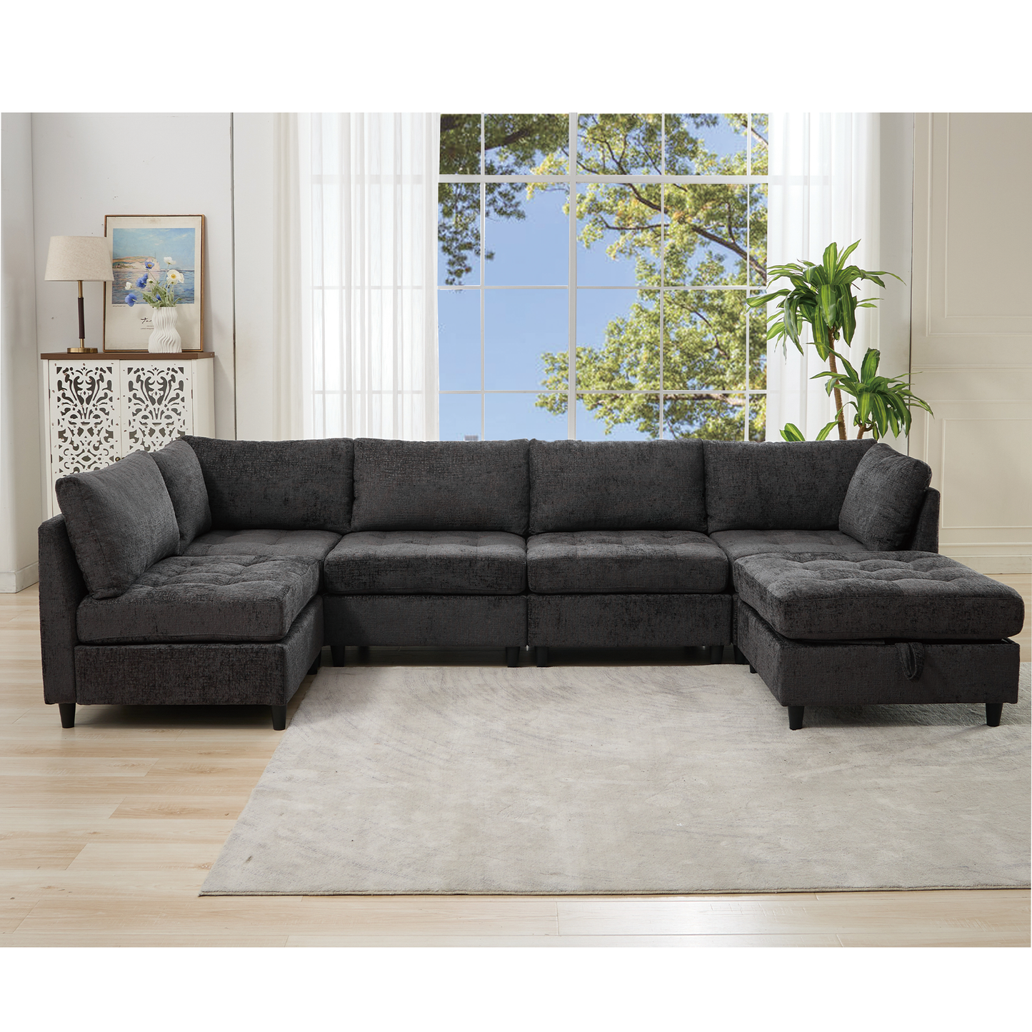 [NEW ARRIVED] [VIDEO PROVIDED]   Modular Sectional Couch with Storage Ottoman, U Shaped Sofa, Storage Ottoman,Minimalist ,Convertible Modular Sofa,Chenille ,Upholstered,6 Seat,Living Room,  Dark  Gray