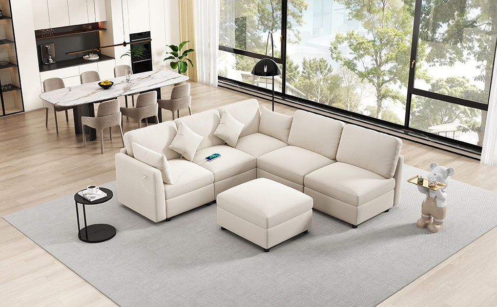 85.4" Sectional Sofa Modular Sofa U-shaped Sofa Couch Sofa Bed L-shaped Sofa with a Movable Ottoman and Two USB Ports for Living Room, Beige