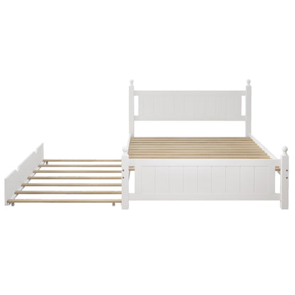 Full Size Solid Wood Platform Bed Frame with trundle for Limited Kids, Teens, Adults, No Need Box Spring, White