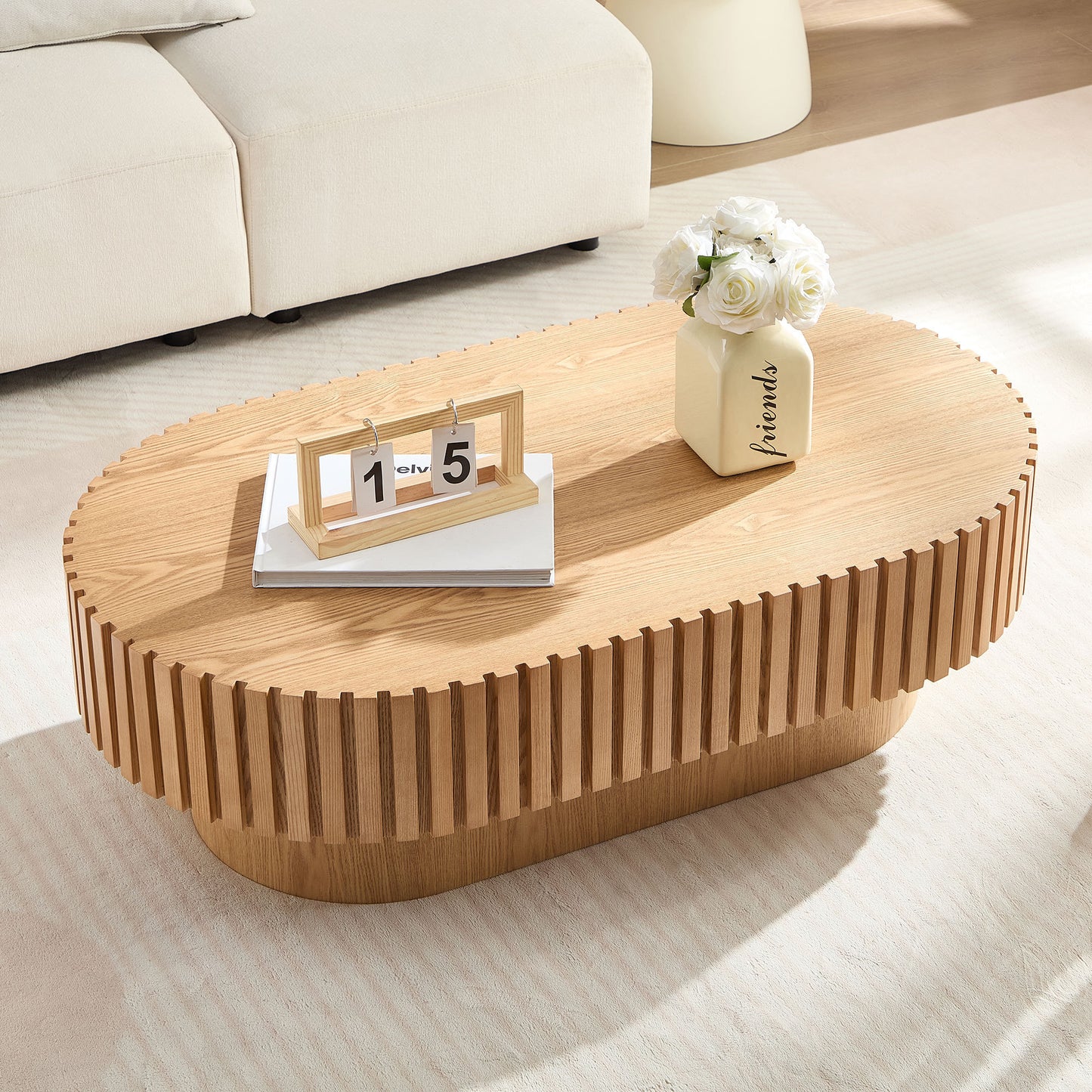 43.70Inch Modern Handcraft Drum Coffee Table Oval Coffee Table for Living Room,Small Wooden Coffee Table with Sturdy Pedestal for Office,ASH Color