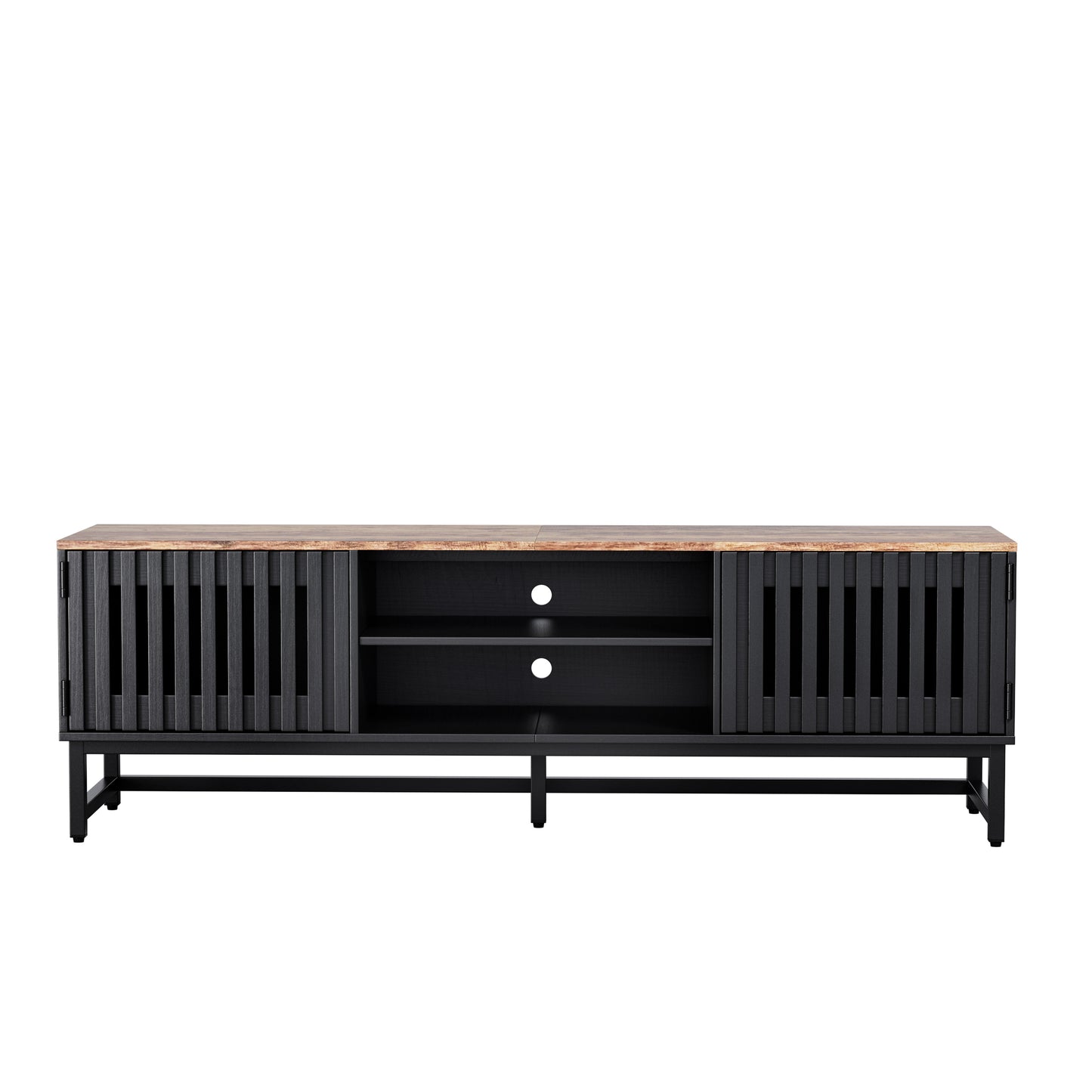 63 Inch Mid Century Modern TV Stand with Slatted Grille Striped Doors, TV Stand with Storage, Entertainment Center for Living Room Bedroom, TV Media Console