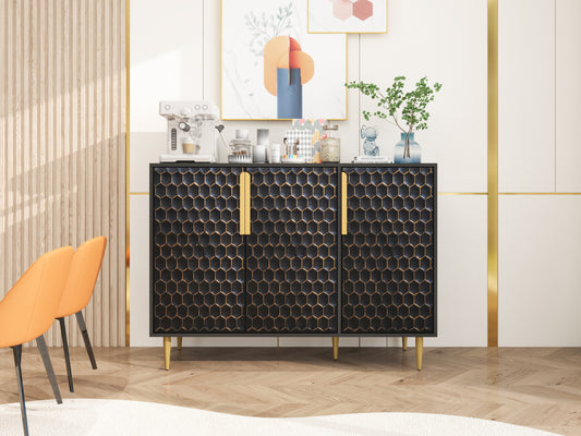 3 Door Storage Cabinet,Buffeet Sideboard with Adjustable Shelves,Honeycomb Seamless Hexagons Pattern Metal Door for Living Room,Dinging Room,Kitchen,Entrance