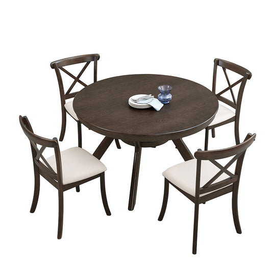 Wooden Dining Table Set, Mid Century Modern Round Rubber Wood Kitchen Table and Cross Back Upholstered Dining Chairs for Dining Room, Kitchen, Saving Space (1 Table with 4 Chairs), BROWN