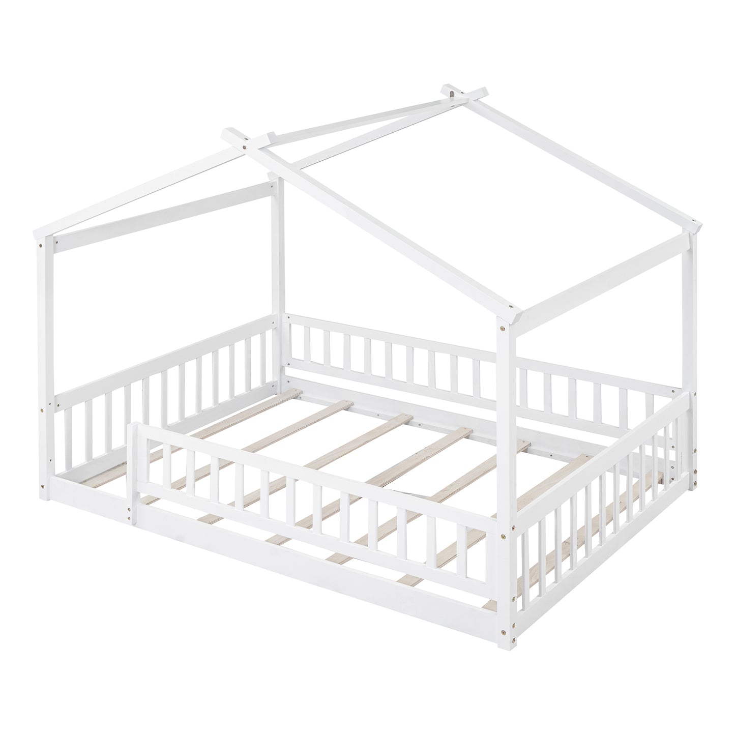 Full Size Wood Bed House Bed Frame with Fence, for Kids, Teens, Girls, Boys,White