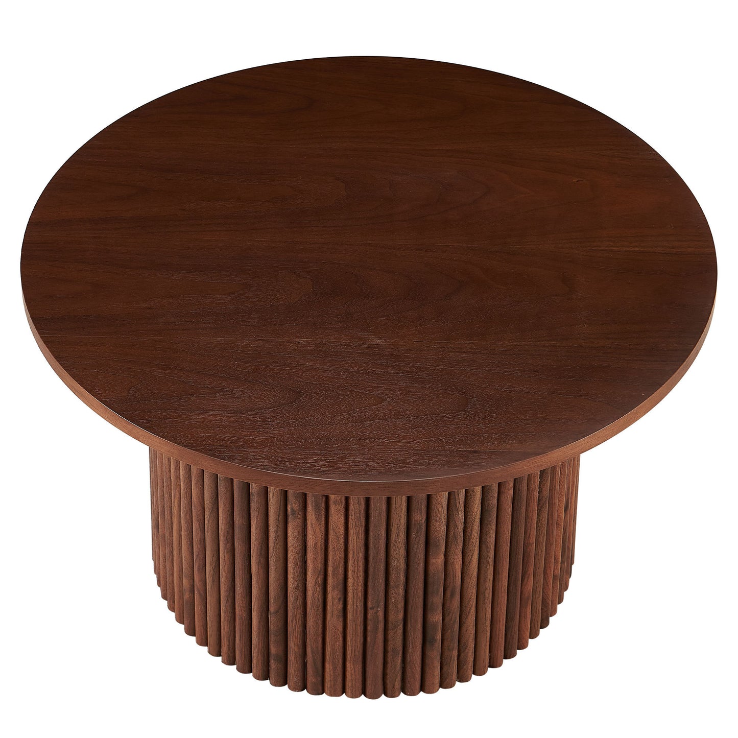 Walnut Wood Veneer Tabletop 27.56 Inch Round Coffee Table, Farmhouse Circle Coffee Table MDF Table-top with Metal Base, Sofa Side Table for Living Room, Reception Room