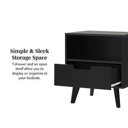 Modern 1-Drawer Nightstand with Open Cubby – Black