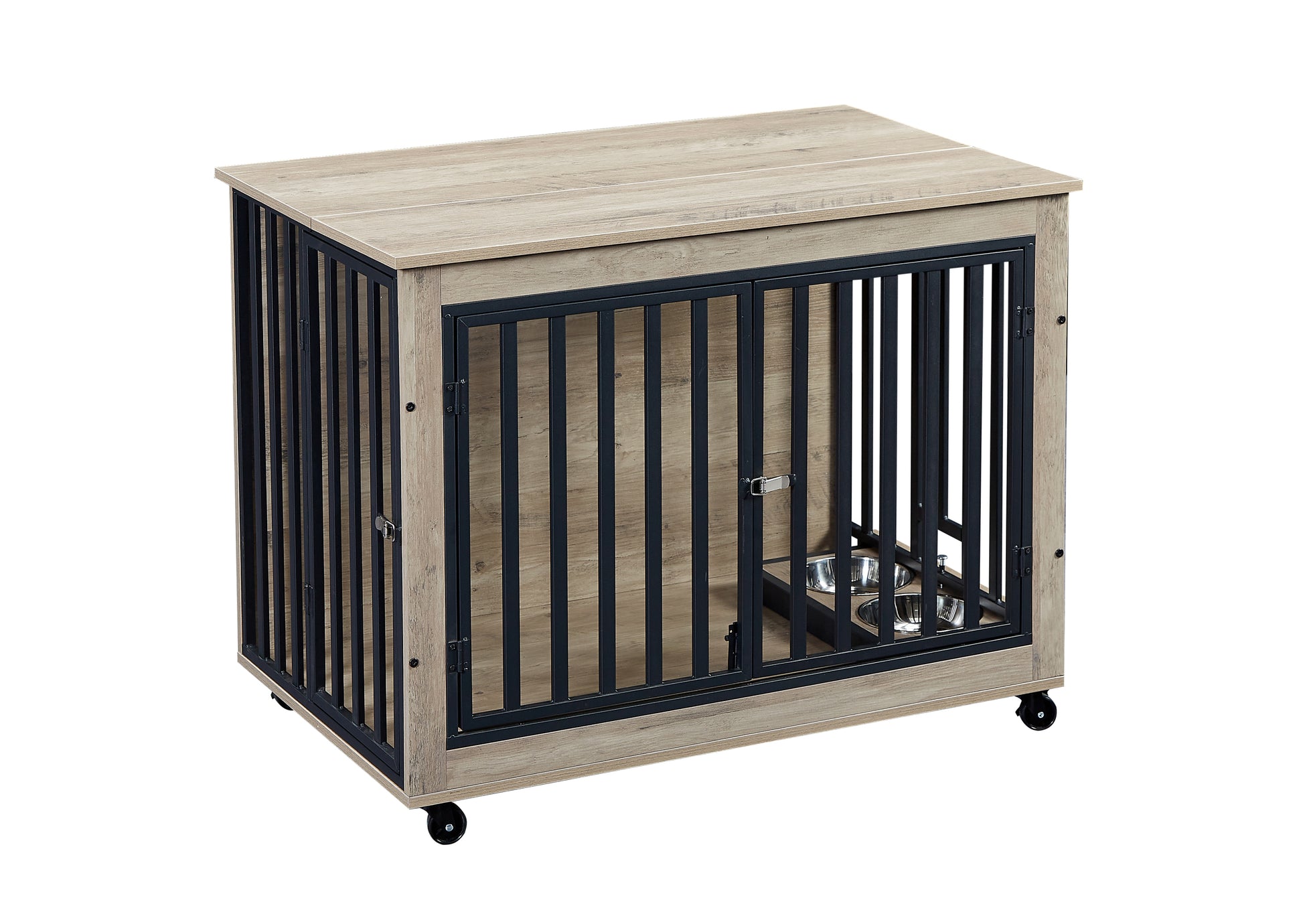 Furniture Style Dog Crate Side Table With Feeding Bowl, Wheels, Three Doors, Flip-Up Top Opening. Indoor, Grey, 38.58"W x 25.2"D x 27.17"H