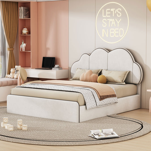 Queen size Upholstered Platform Bed with Cloud-shaped Headboard, Beige