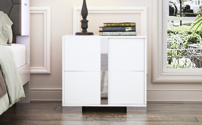 Elegant Nightstand with Metal Handle,Mirrored Bedside Table with 2 Drawers for Bedroom,Living Room,White