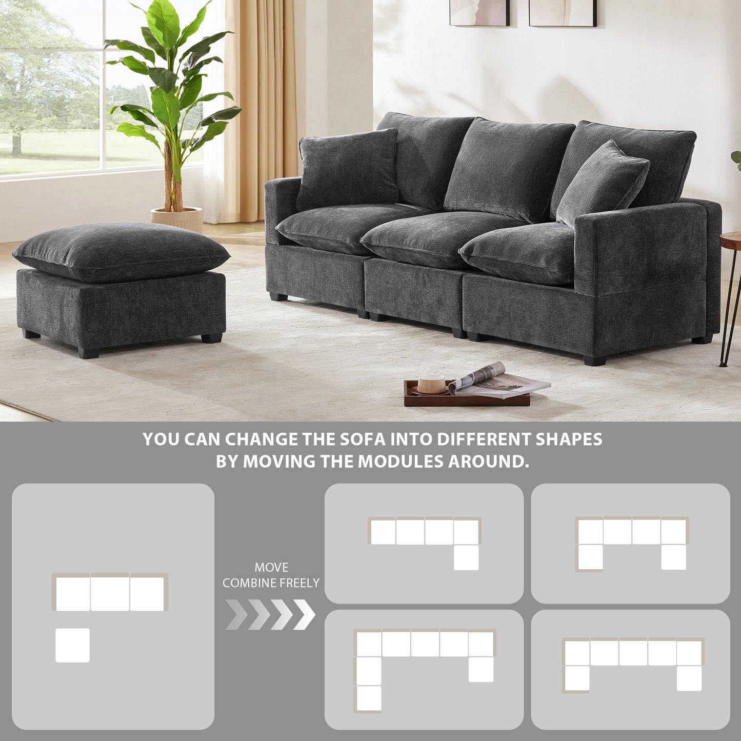 [VIDEO provided] [New] 84*57" Modern Modular Sofa, 4 Seat Chenille Sectional Couch Set with 2 Pillows Included, Freely Combinable Indoor Funiture for Living Room, Apartment, Office, 2 Colors