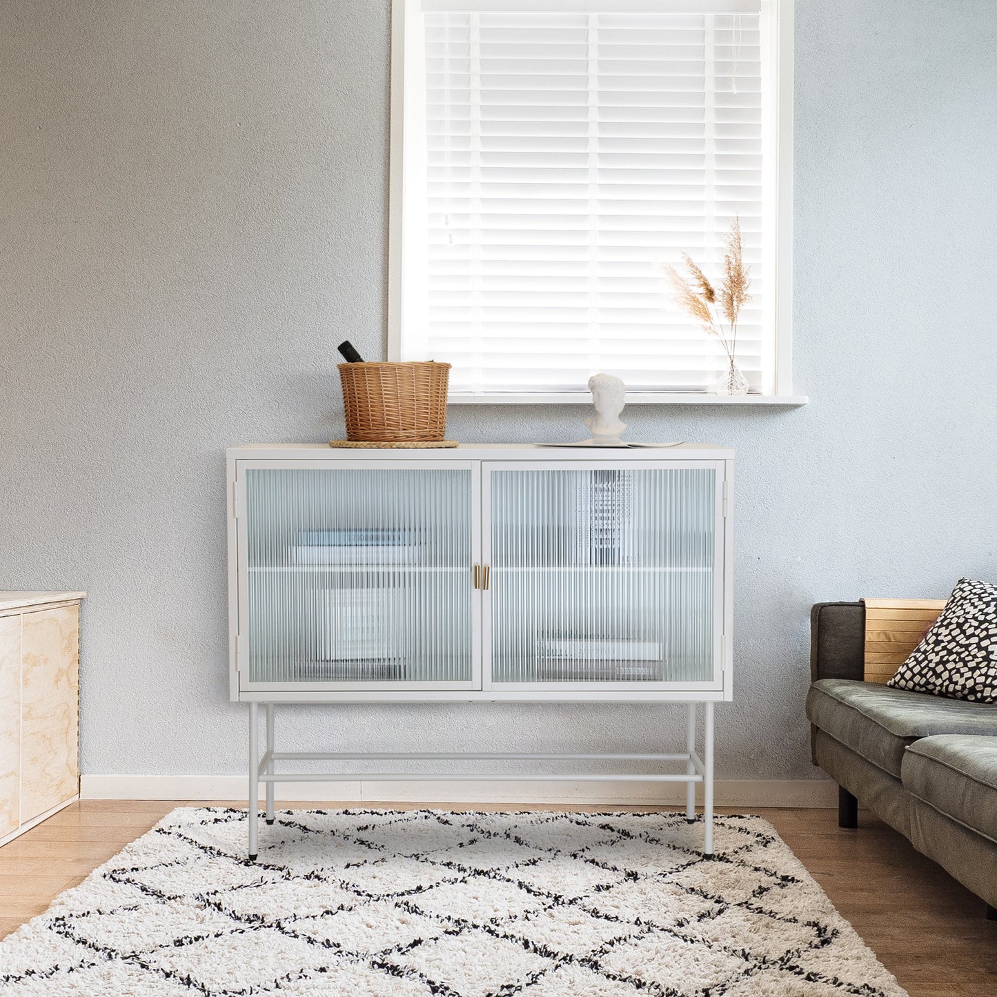 White Sideboard Storage Cabinet With Two Fluted Glass Doors Detachable Shelves Bottom Space for Living Room, Office, Dinging Room and Entryway