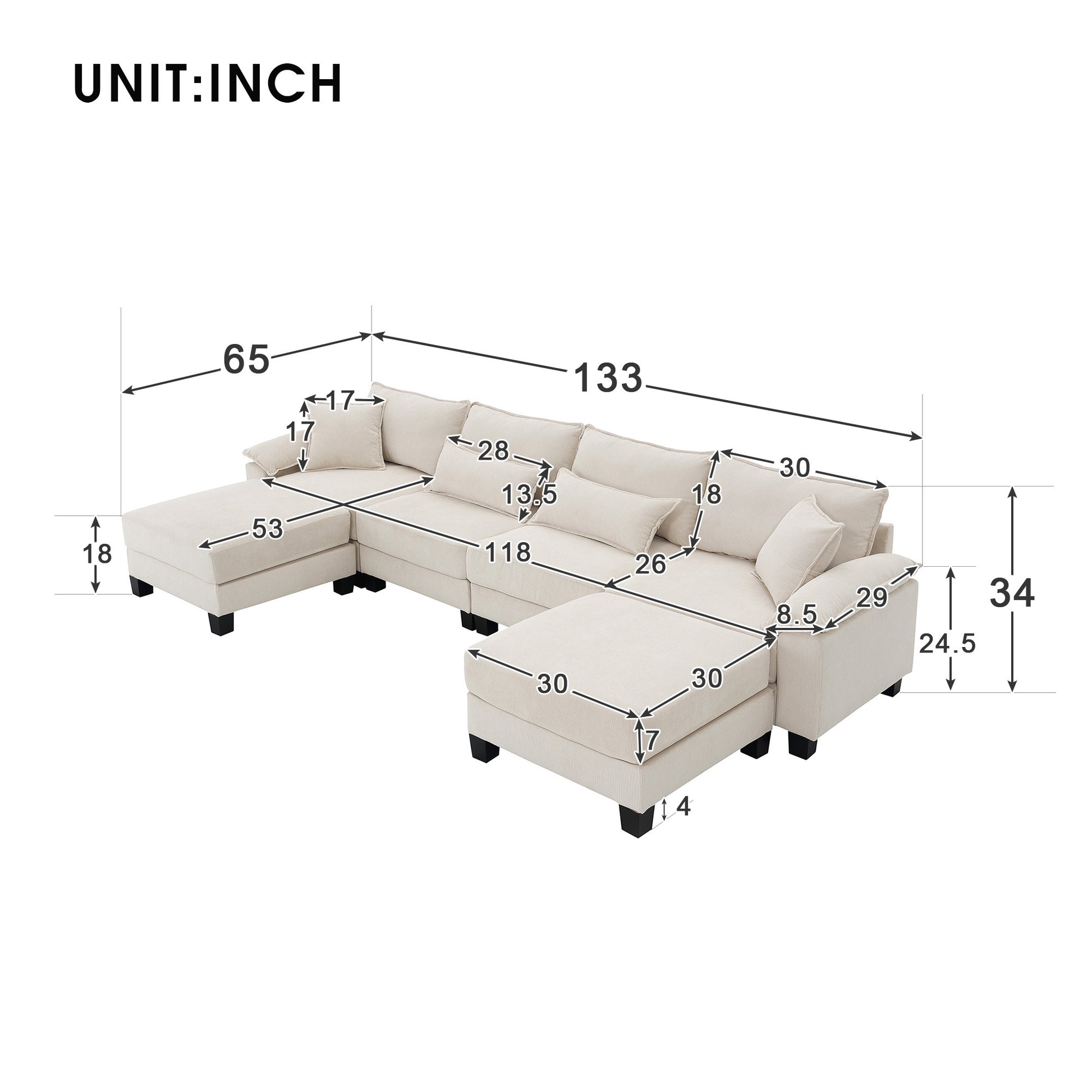 [VIDEO provided] [New] 133*65" Corduroy Modular Sectional Sofa,U Shaped Couch with Armrest Bags,6 Seat Freely Combinable Sofa Bed,Comfortable and Spacious Indoor Furniture for Living Room, 2 Colors