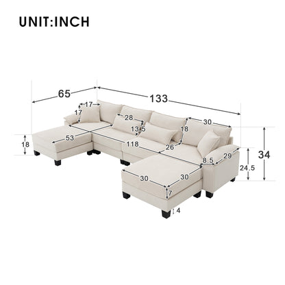 [VIDEO provided] [New] 133*65" Corduroy Modular Sectional Sofa,U Shaped Couch with Armrest Bags,6 Seat Freely Combinable Sofa Bed,Comfortable and Spacious Indoor Furniture for Living Room, 2 Colors