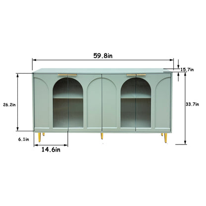 Accent Cabinet Lacquered Wooden Cabinet with 4 Glass Doors Sideboard Buffet Server Cabinet Storage Cabinet, for Living Room, Entryway, Hallway, Office, Kitchen and Dining Room, Mint Green