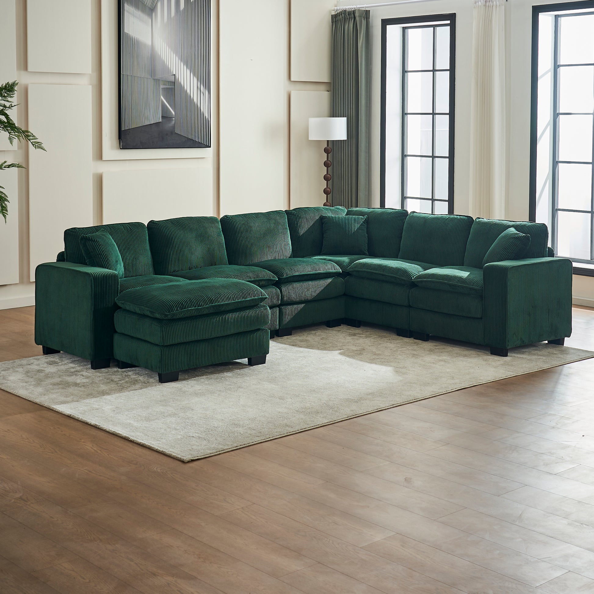 Modern U Shaped 6-seat Sectional Sofa Couch with one Ottoman and three toss pillows ,Modular Sofa for Living Room,Corduroy sofa