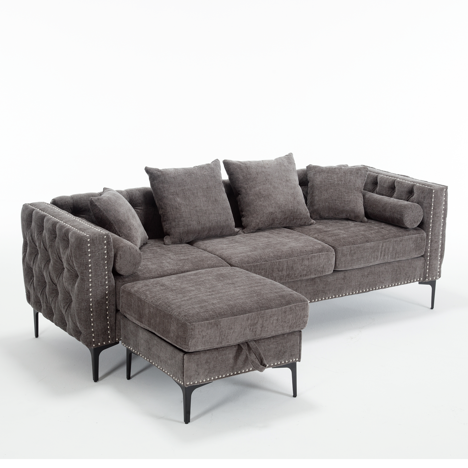 [NEW ARRIVED] [VIDEO PROVIDED]L Shaped Sectional Sofa , Convertible Storage Ottoman,Chenille ,Square Arm,  Modern Tufted Couch ,3 Seater, And Nailhead, Dark gray