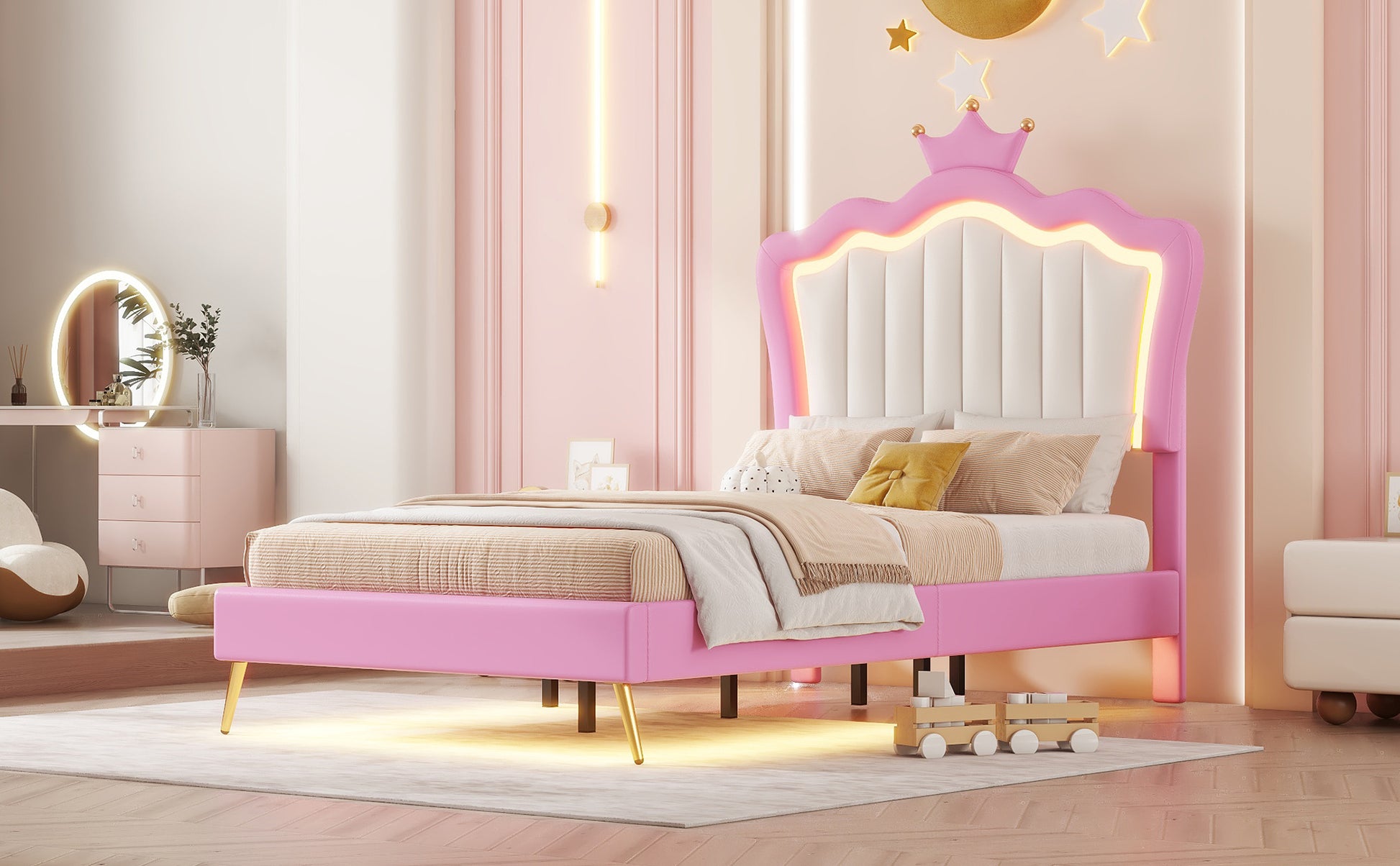 Twin Size Upholstered Bed Frame with LED Lights, Modern Upholstered Princess Bed with Crown Headboard, Pink+White