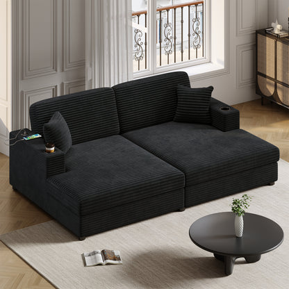 86.5" Oversized Loveseat Chaise Lounge Sectional Sofa Bed Corduroy Sleeper Sofa with Two USB Ports , Two Cup Holders and Two Throw Pillows for Living Room and Bedroom, Black