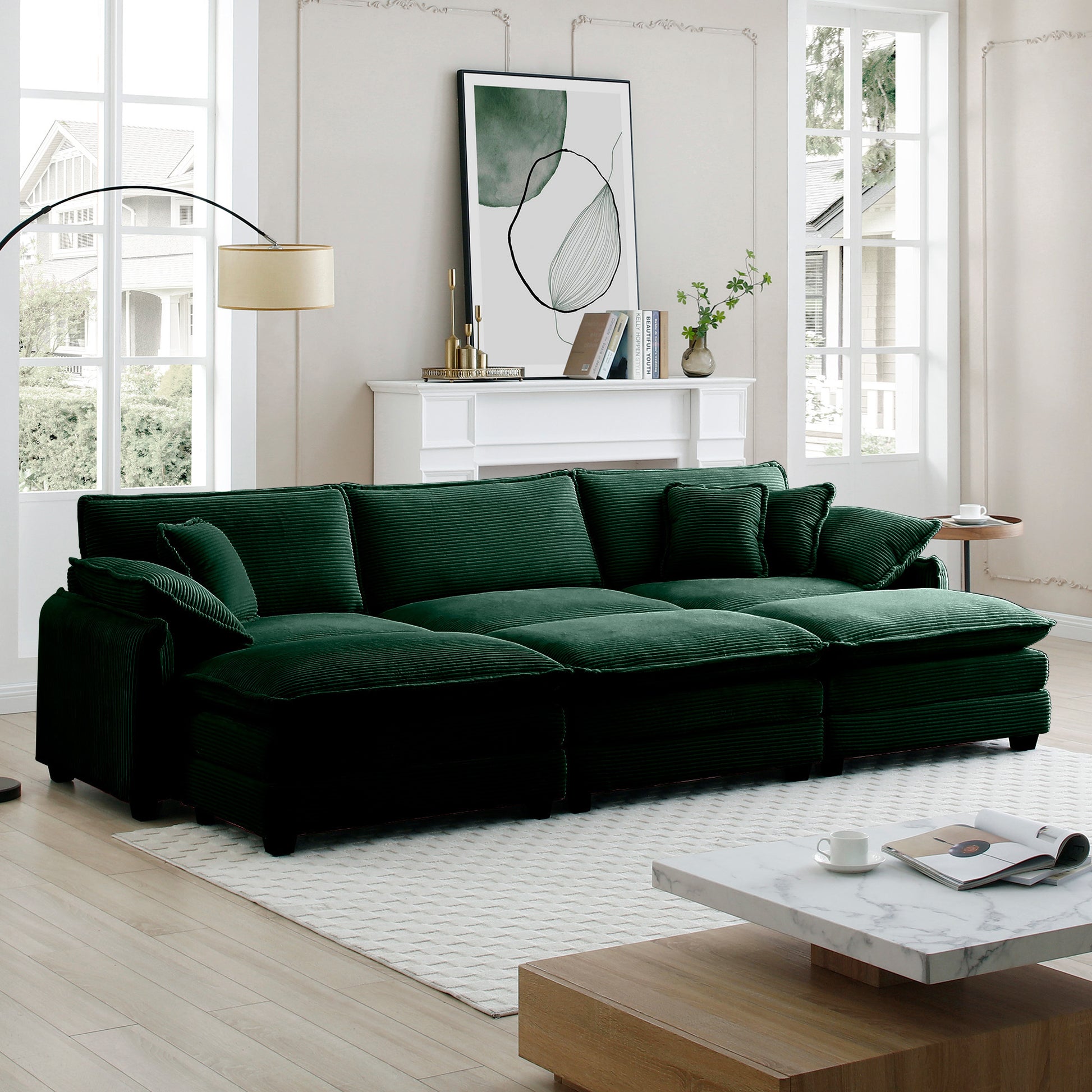 Oversized modular cushioned sofa,with 3 ottomans to work as sleeper sofa beds, 3-seater sofa with 3 footstools,Green corduroy fabric