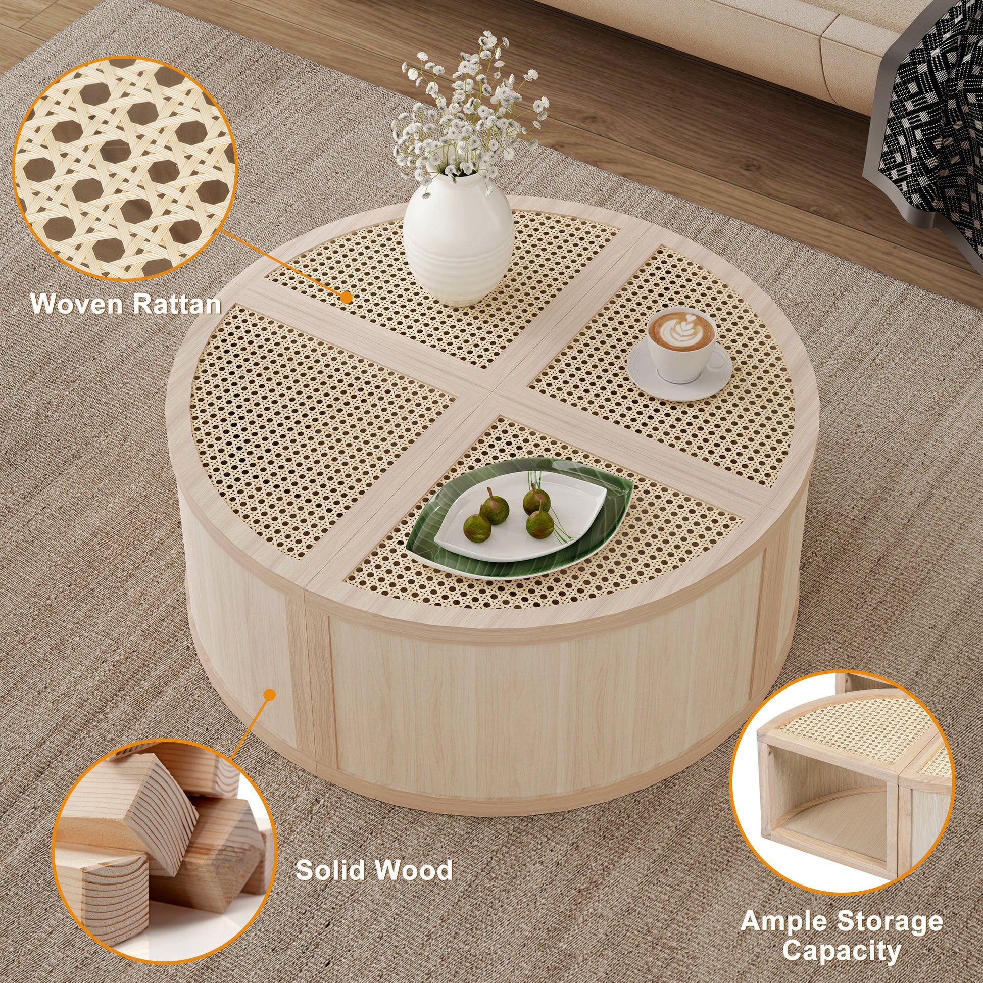 Round to Square Block Modular Coffee Table Light Natural Rattan with Storage 4 Piece