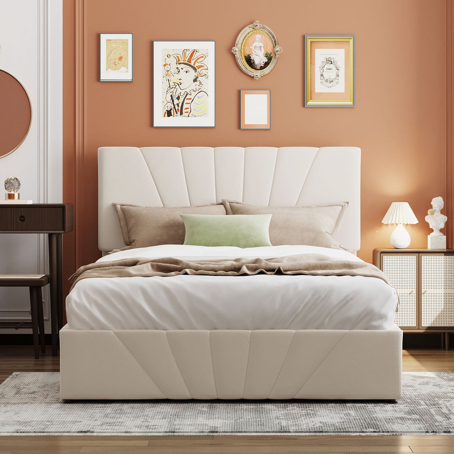 Full size Upholstered Platform bed with a Hydraulic Storage System - Beige