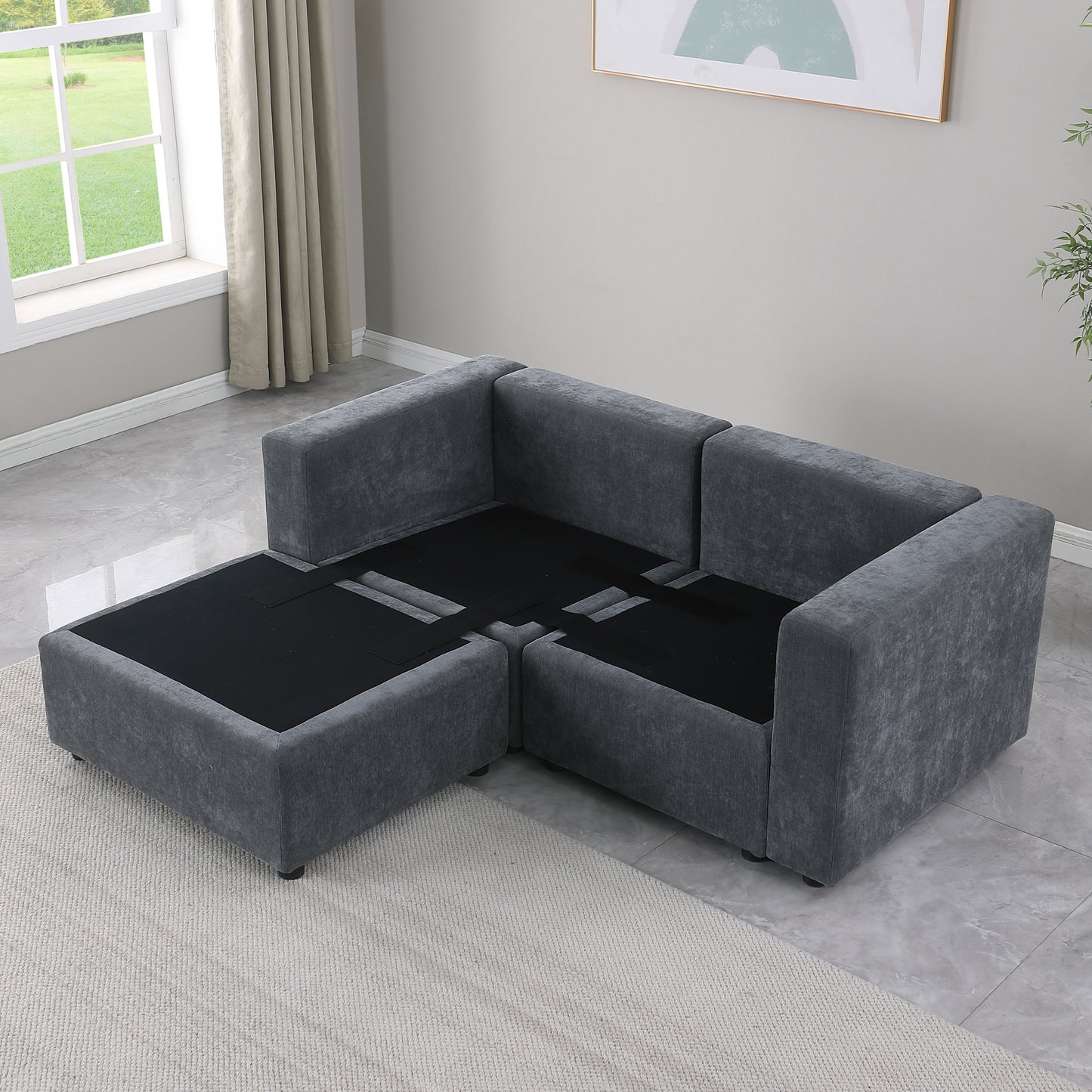 68.5" Loveseat Sofa with Ottoman Modular Sectional Love Seat Couch Small L Shaped Upholstered Couch for Living Room Apartment Small Space, Chenille Grey