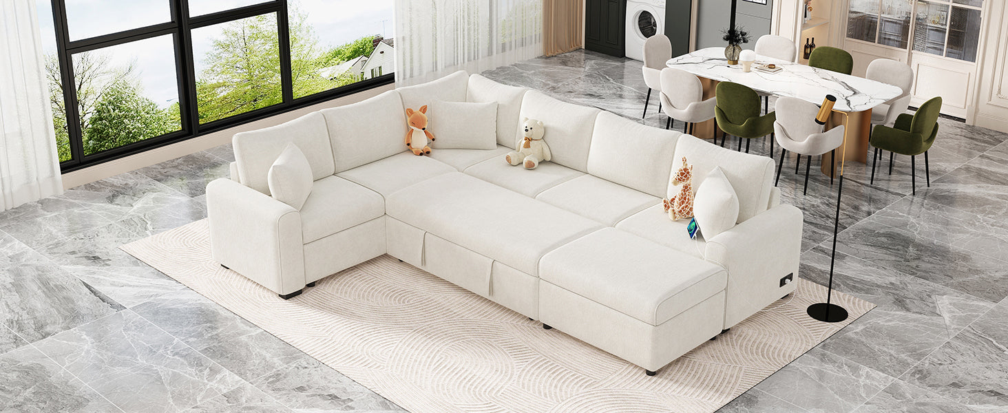 112.2" Sectional Sofa Pull-out Sofa Bed Sleeper with a Storage Ottoman,Three Pillows and Charging Devices for Living Room, Cream