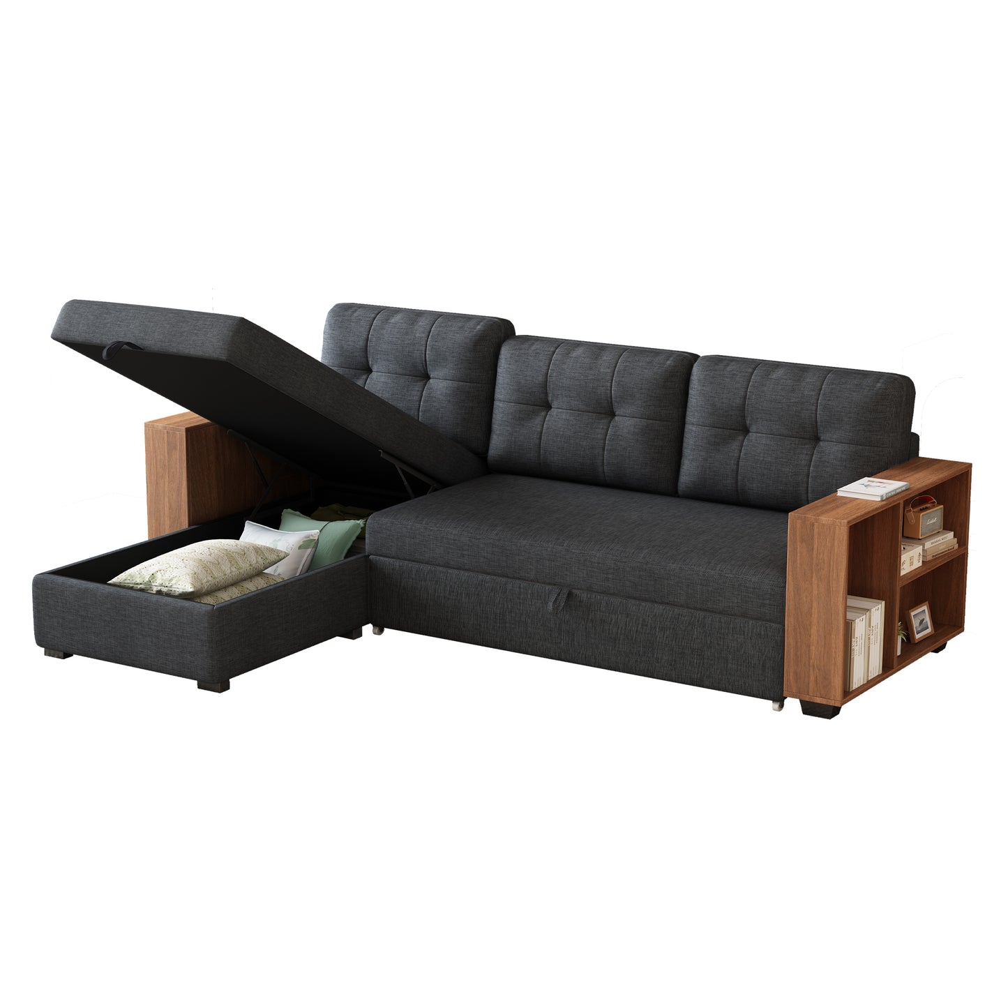 Upholstered Pull Out Sectional Sofa with Storage Chaise, Convertible Corner Couch, Dark Grey-Wooden handrail