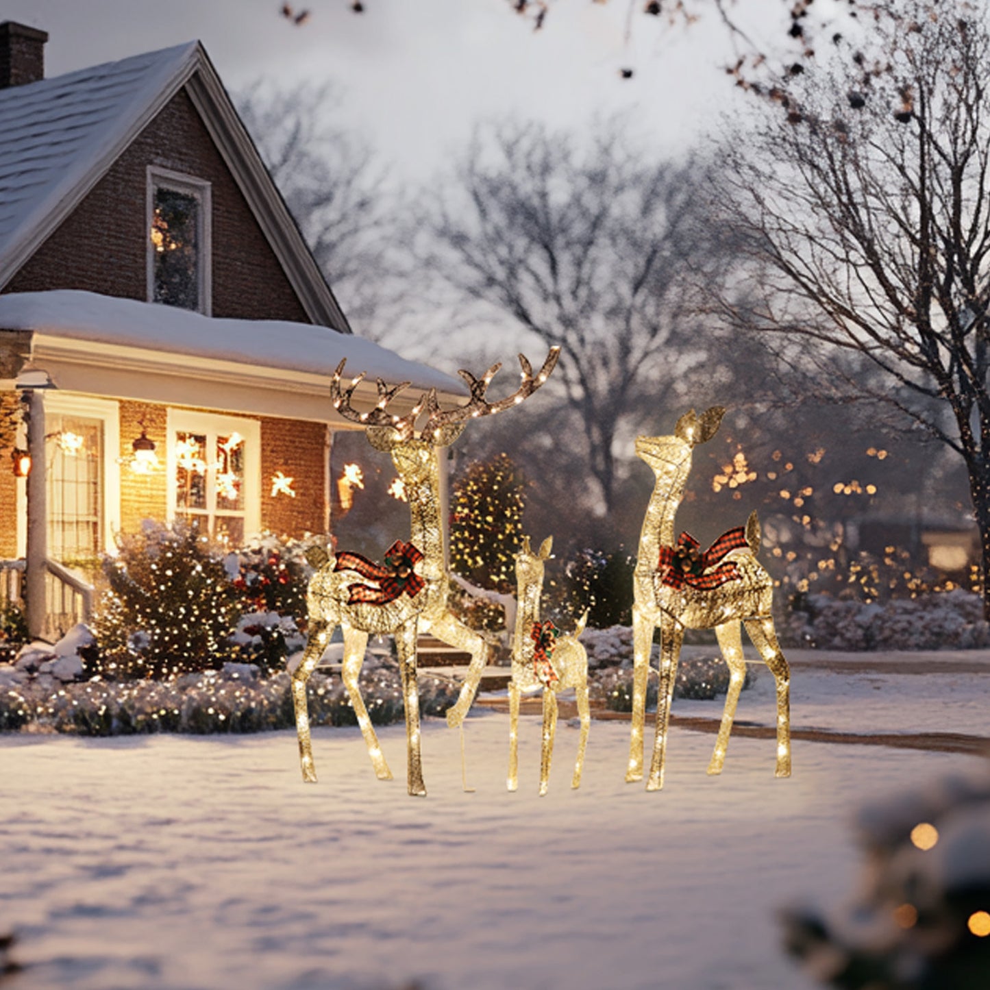 3-Piece Large Lighted Christmas Golden Reindeer Family Set, Christmas Indoor and Outdoor Decoration with 210 Warm LED Lights, Xmas Deer Yard Lights Decor for Yard Garden Lawn