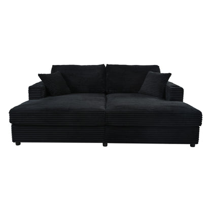 86.5" Oversized Loveseat Chaise Lounge Sectional Sofa Bed Corduroy Sleeper Sofa with Two USB Ports , Two Cup Holders and Two Throw Pillows for Living Room and Bedroom, Black