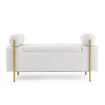 Elegant Upholstered Linen Storage Bench with Cylindrical Arms and Iron Legs for Hallway Living Room Bedroom, White