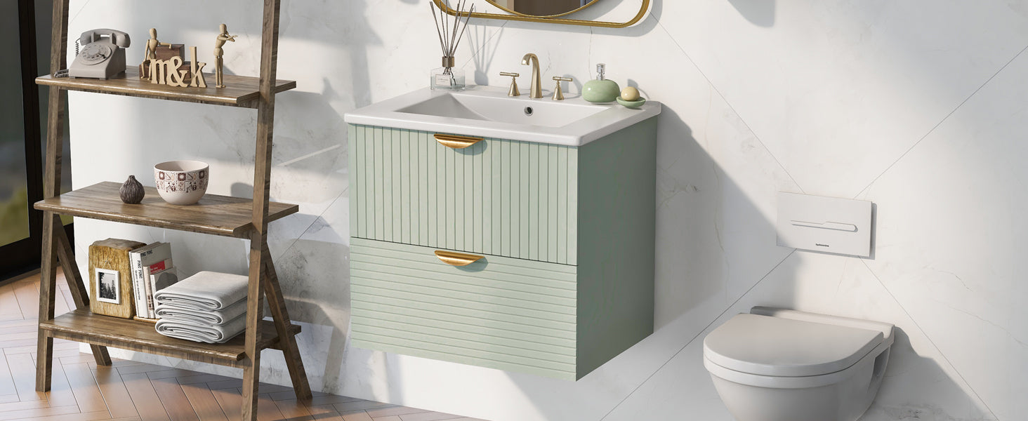 Modern 24-Inch Wall-Mounted Bathroom vanity with 2 Drawers, Green - Ideal for Small Bathrooms