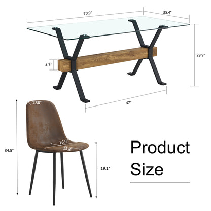 Dining table. Modern tempered glass dining table. Large modern office desk with black metal legs and MDF crossbars, suitable for home and office use. 8 high-end cushioned seats.F1105  B0501A